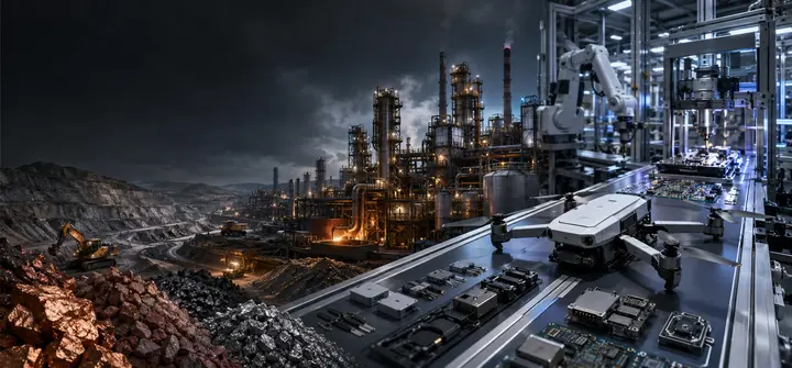 A visual journey from mineral extraction through refining and automated drone assembly