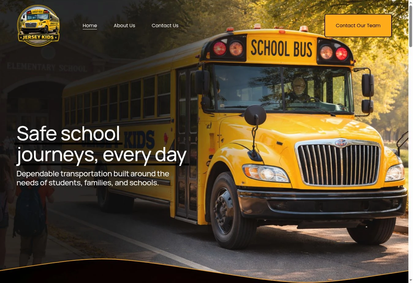 Authentic Jersey Kids Transportation home page showing its logo, navigation, contact button and school bus hero