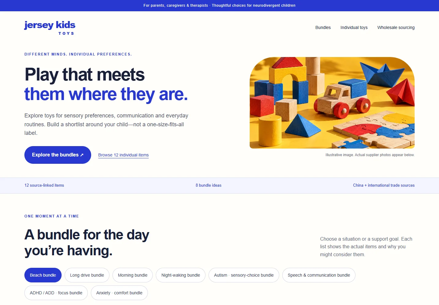 Jersey Kids Toys homepage with blue typography, colorful wooden toys and everyday bundle choices