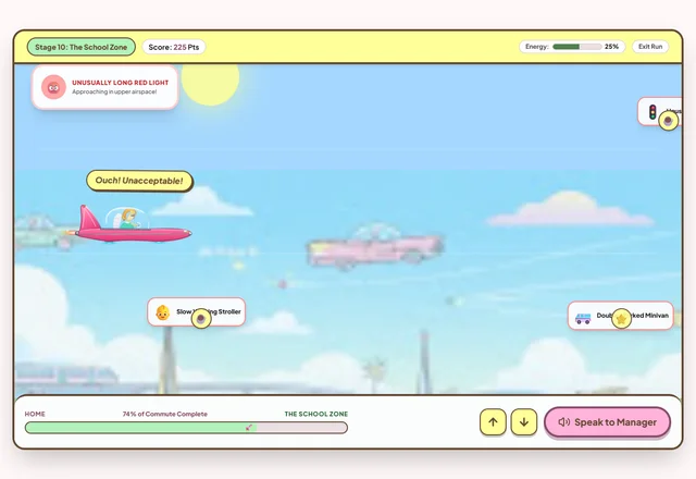 Karen’s Commute gameplay showing a pink flying car in the School Zone, with score, energy and commute controls