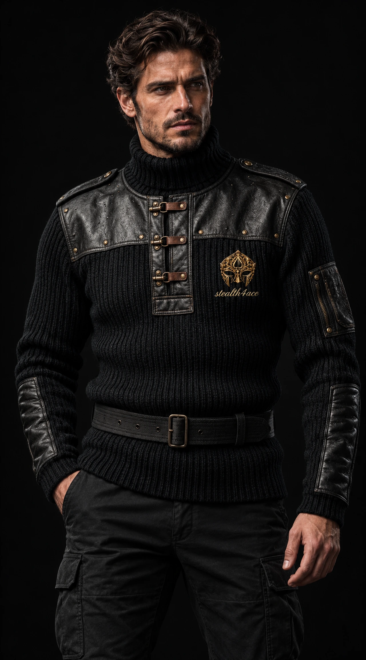 Men’s Buckled Leather-Panel Knit, Black, signature mask design concept