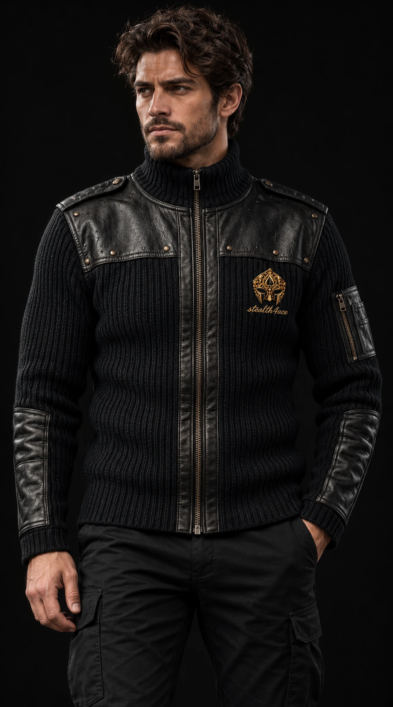 Men’s Leather-Panel Zip Knit, Black, signature mask design concept