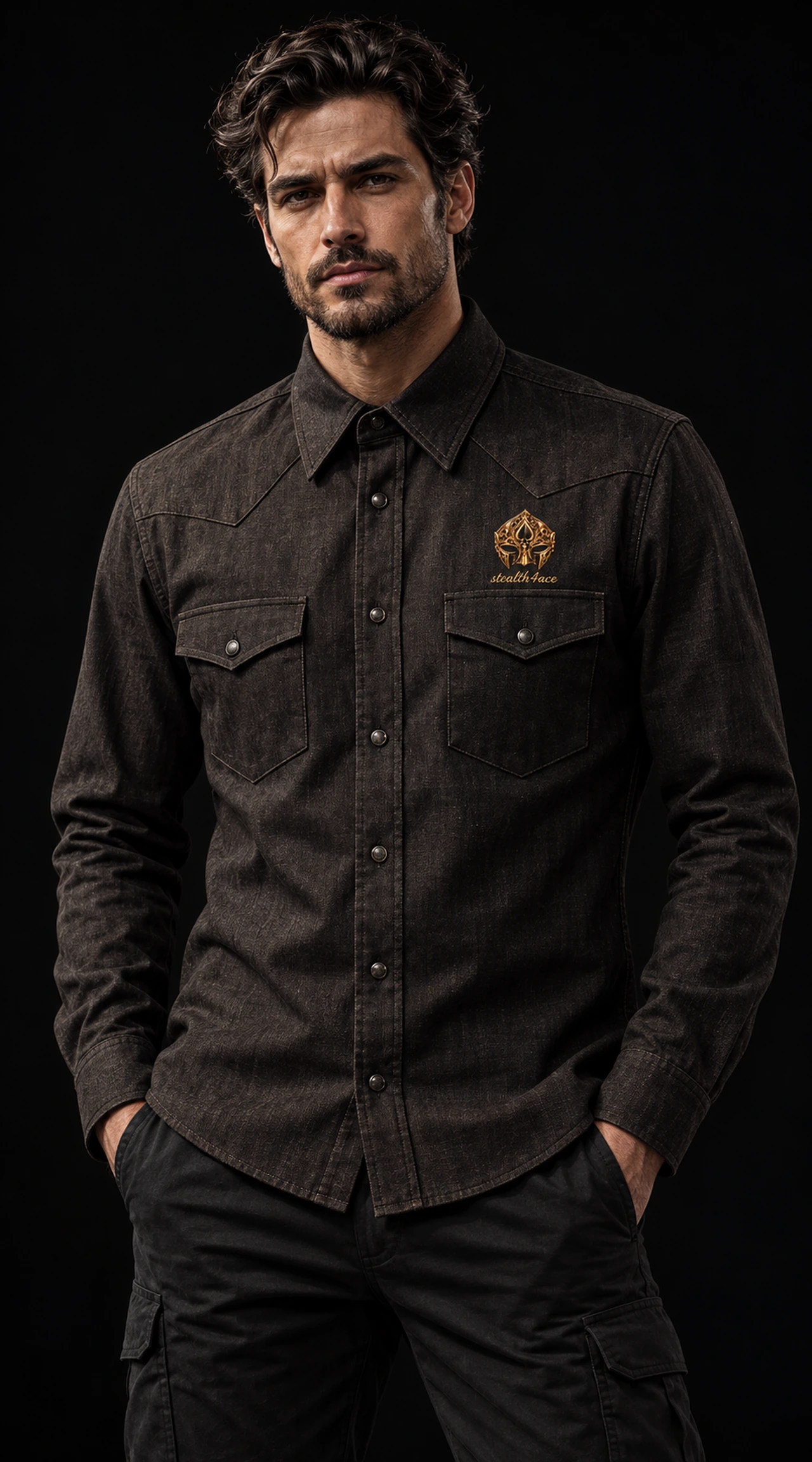 Men’s Tailored Western Shirt, Espresso charcoal, signature mask design concept