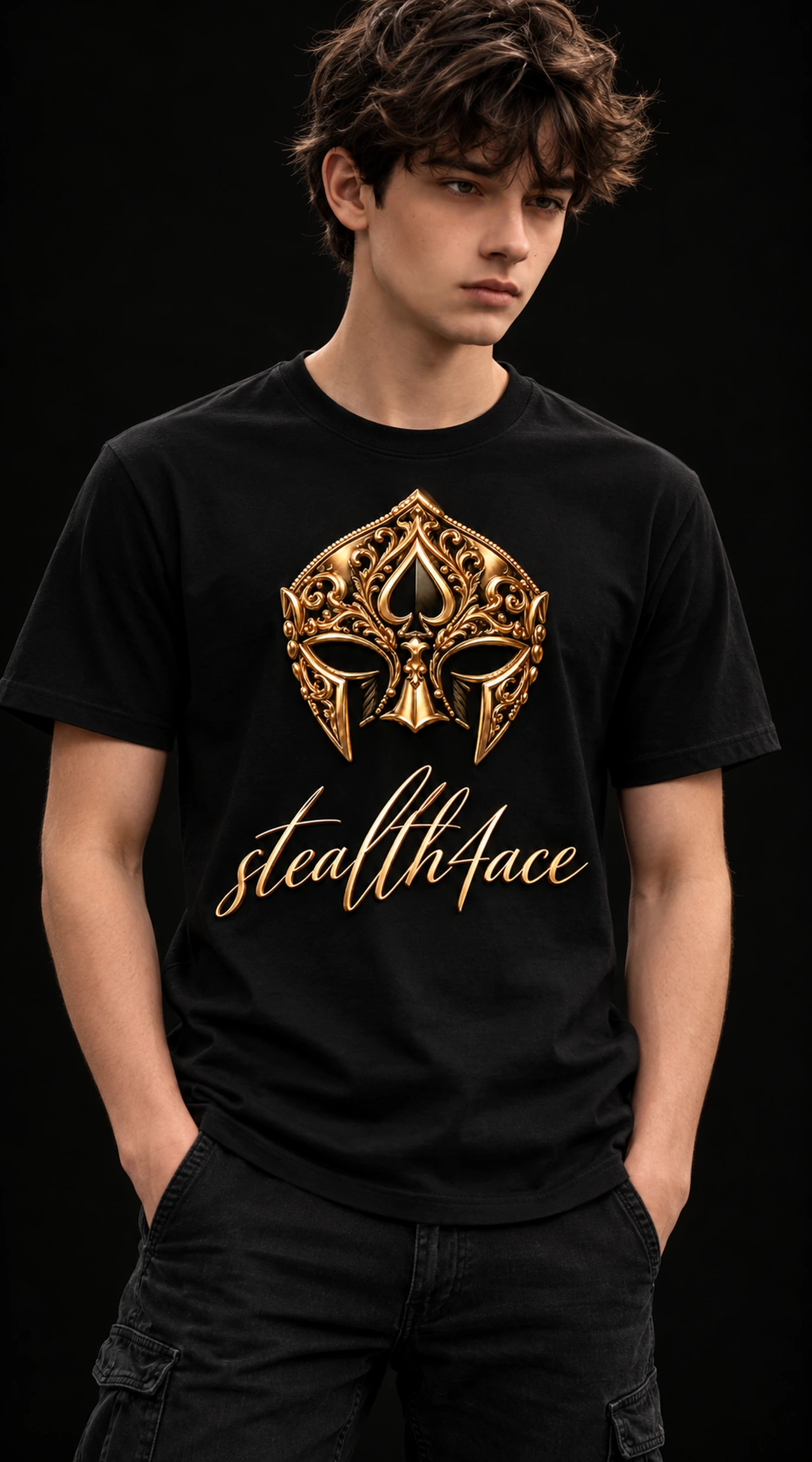 Teen Boys’ Signature T-shirt, Black, signature mask design concept