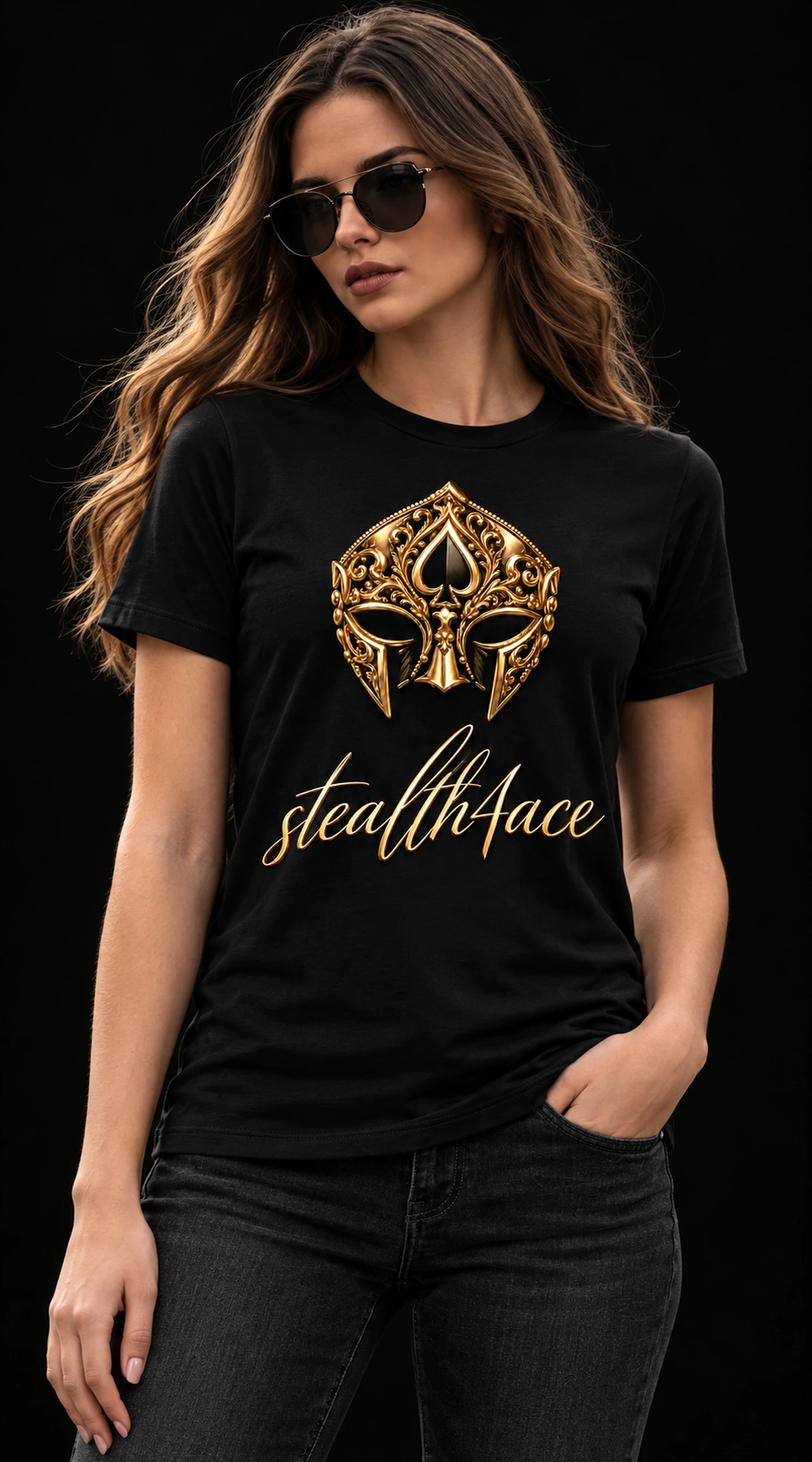Teen Girls’ Signature T-shirt, Black, signature mask design concept