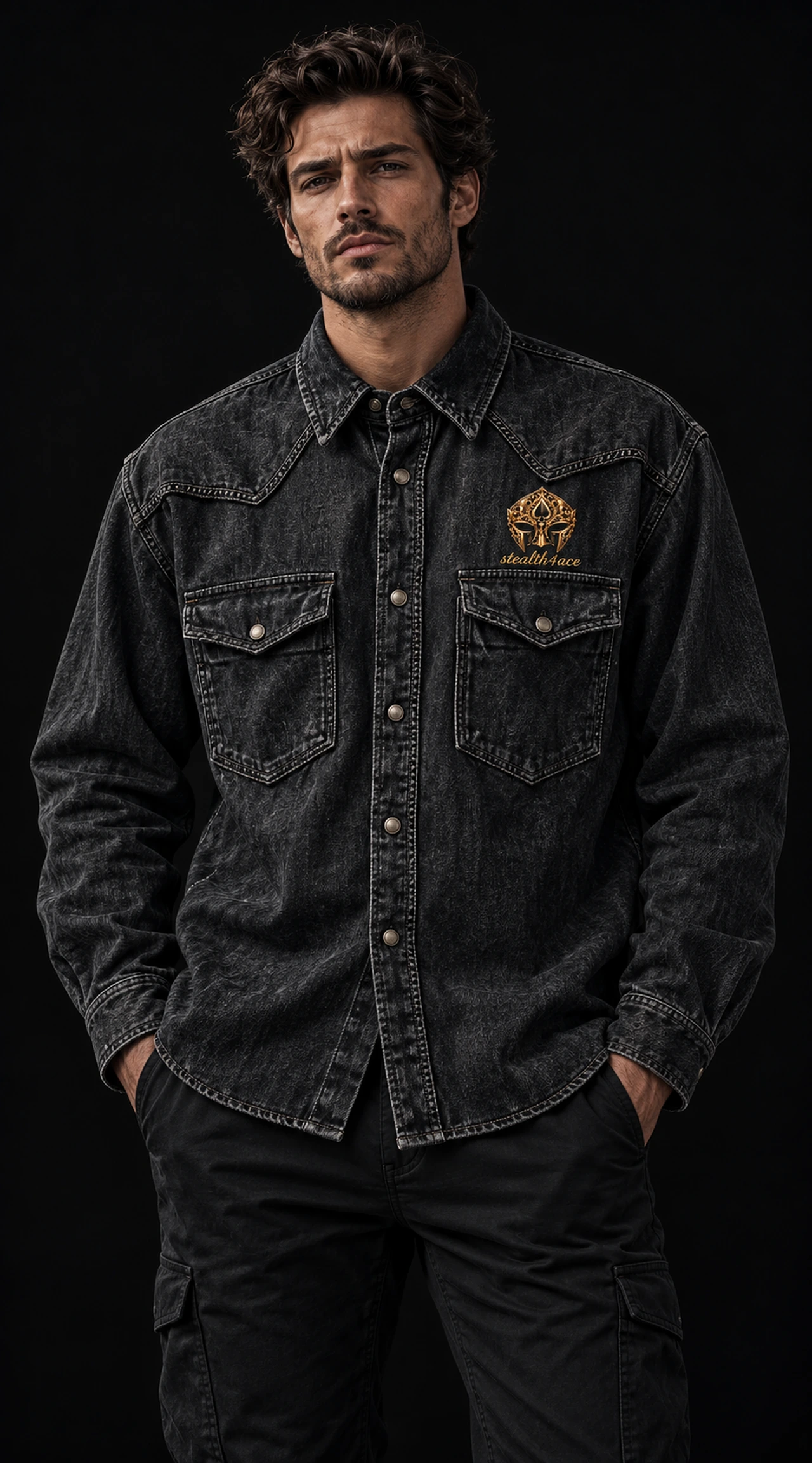 Men’s Washed Denim Western Shirt, Washed charcoal, signature mask design concept